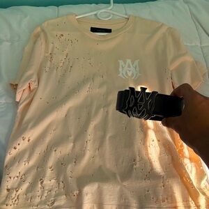 AMIRI Light Tan Distressed T-Shirt with White Emblem